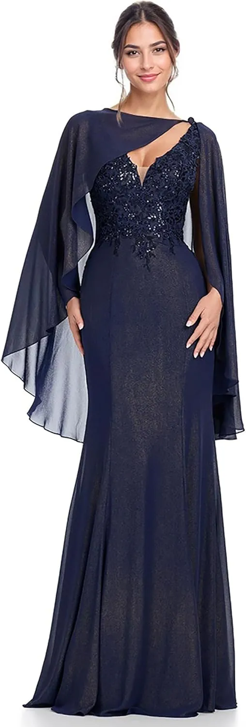 2 Piece Mermaid Mother of The Bride Dresses for Wedding V Neck Floor Length Pageant Dresses Chiffon Evening Gown