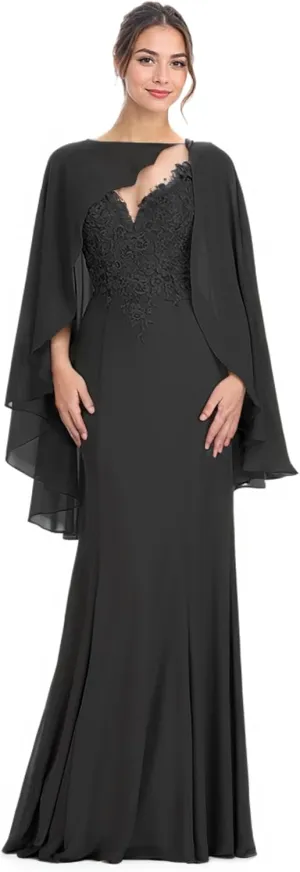 2 Piece Mermaid Mother of The Bride Dresses for Wedding V Neck Floor Length Pageant Dresses Chiffon Evening Gown