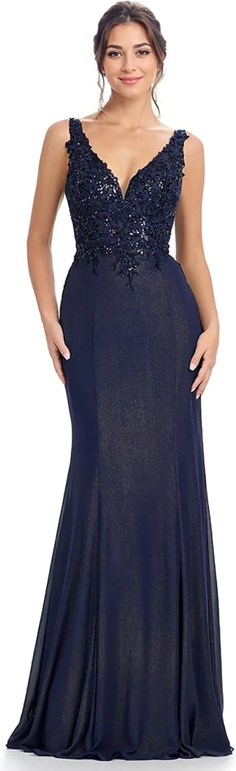 2 Piece Mermaid Mother of The Bride Dresses for Wedding V Neck Floor Length Pageant Dresses Chiffon Evening Gown