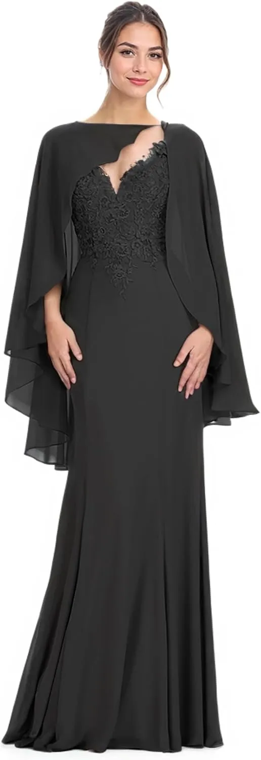 2 Piece Mermaid Mother of The Bride Dresses for Wedding V Neck Floor Length Pageant Dresses Chiffon Evening Gown