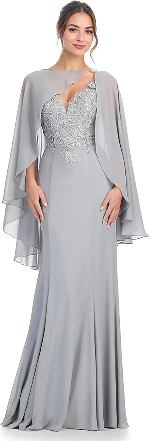 2 Piece Mermaid Mother of The Bride Dresses for Wedding V Neck Floor Length Pageant Dresses Chiffon Evening Gown