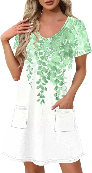 2025 Womens Summer Mini Dresses Casual Floral Shirt Dress Short Sleeve V-Neck Beach Sundress Pockets Swimsuit Coverup