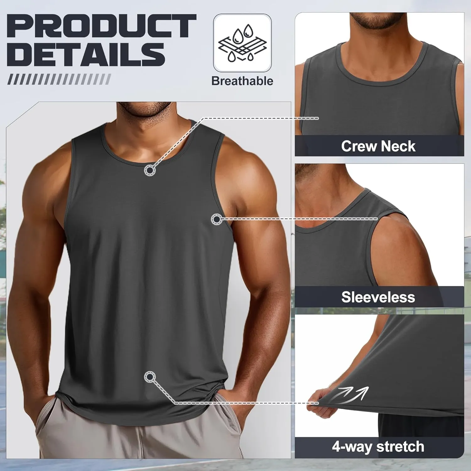 3 Pack Big and Tall Cotton Men's Tank Tops Plus Size Workout Sleeveless Tee Shirts Crew Neck Muscle Shirts L-5XL