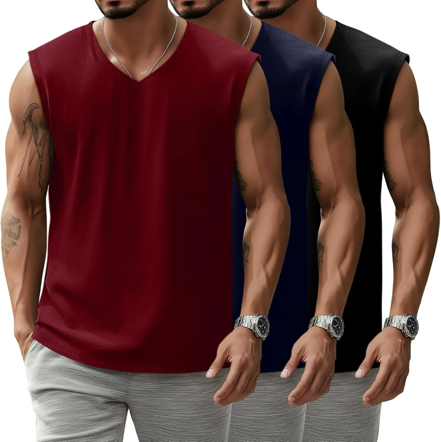 3 Pack Mens V Neck Tank Tops 95% Cotton Sleeveless Big and Tall Muscle Cut Off Shirts Gym Workout Tee