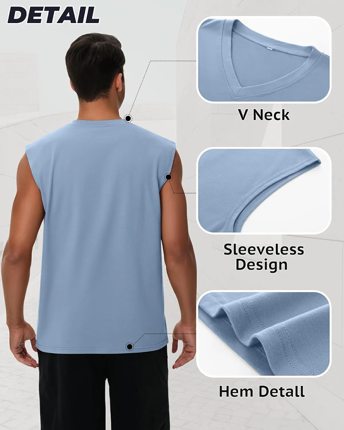 3 Pack Mens V Neck Tank Tops 95% Cotton Sleeveless Big and Tall Muscle Cut Off Shirts Gym Workout Tee