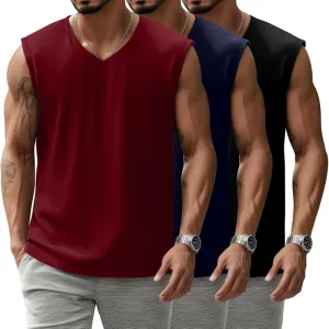 3 Pack Mens V Neck Tank Tops 95% Cotton Sleeveless Big and Tall Muscle Cut Off Shirts Gym Workout Tee