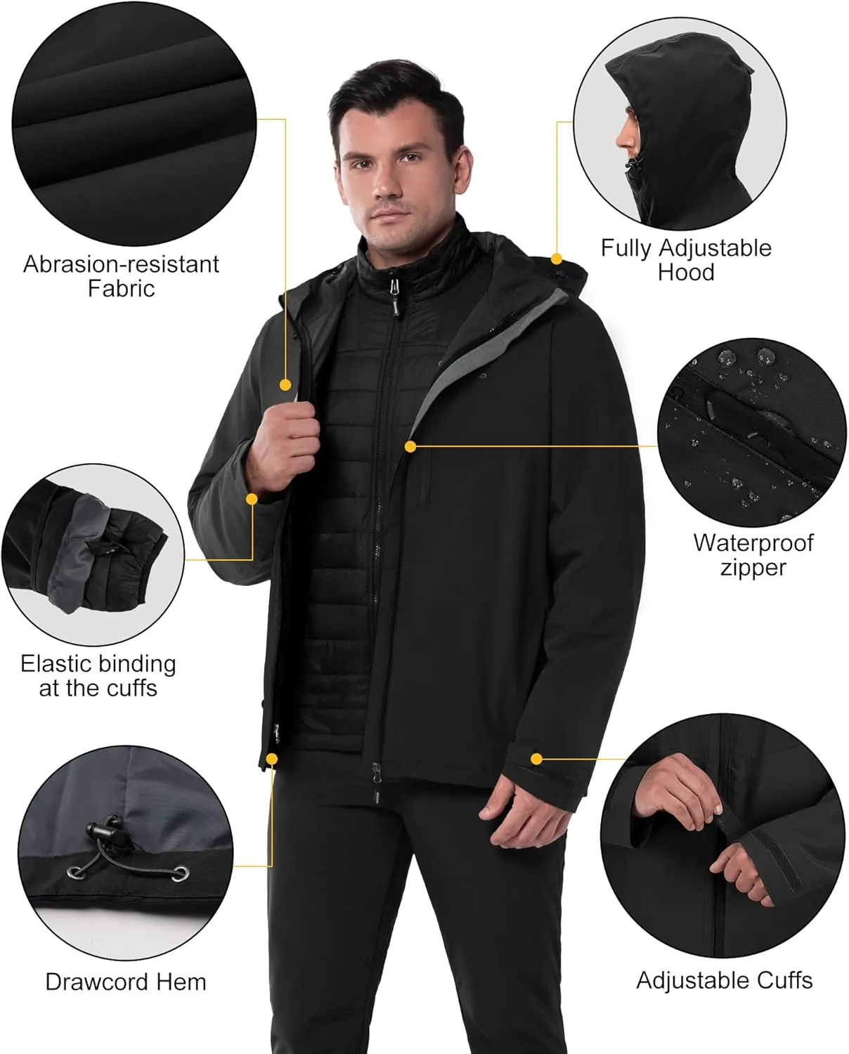 33,000ft Men's Waterproof 3-in-1 Ski Jacket, Warm Mountain Windbreaker Snow Rain Jackets Winter Coat with Puffer Jacket