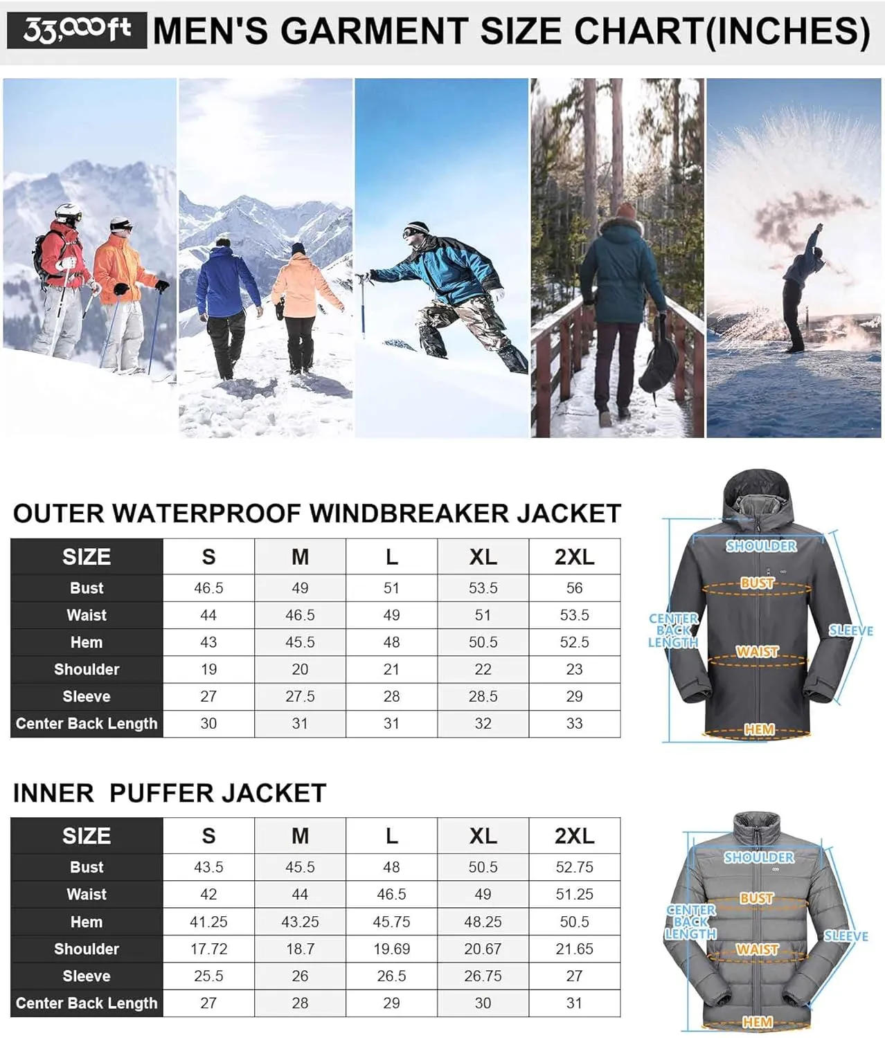 33,000ft Men's Waterproof 3-in-1 Ski Jacket, Warm Mountain Windbreaker Snow Rain Jackets Winter Coat with Puffer Jacket