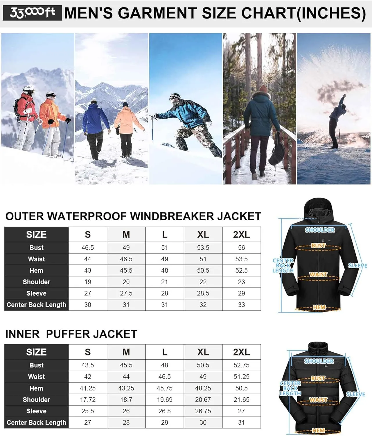 33,000ft Men's Waterproof 3-in-1 Ski Jacket, Warm Mountain Windbreaker Snow Rain Jackets Winter Coat with Puffer Jacket
