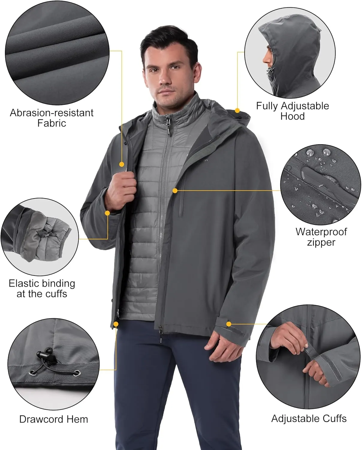 33,000ft Men's Waterproof 3-in-1 Ski Jacket, Warm Mountain Windbreaker Snow Rain Jackets Winter Coat with Puffer Jacket