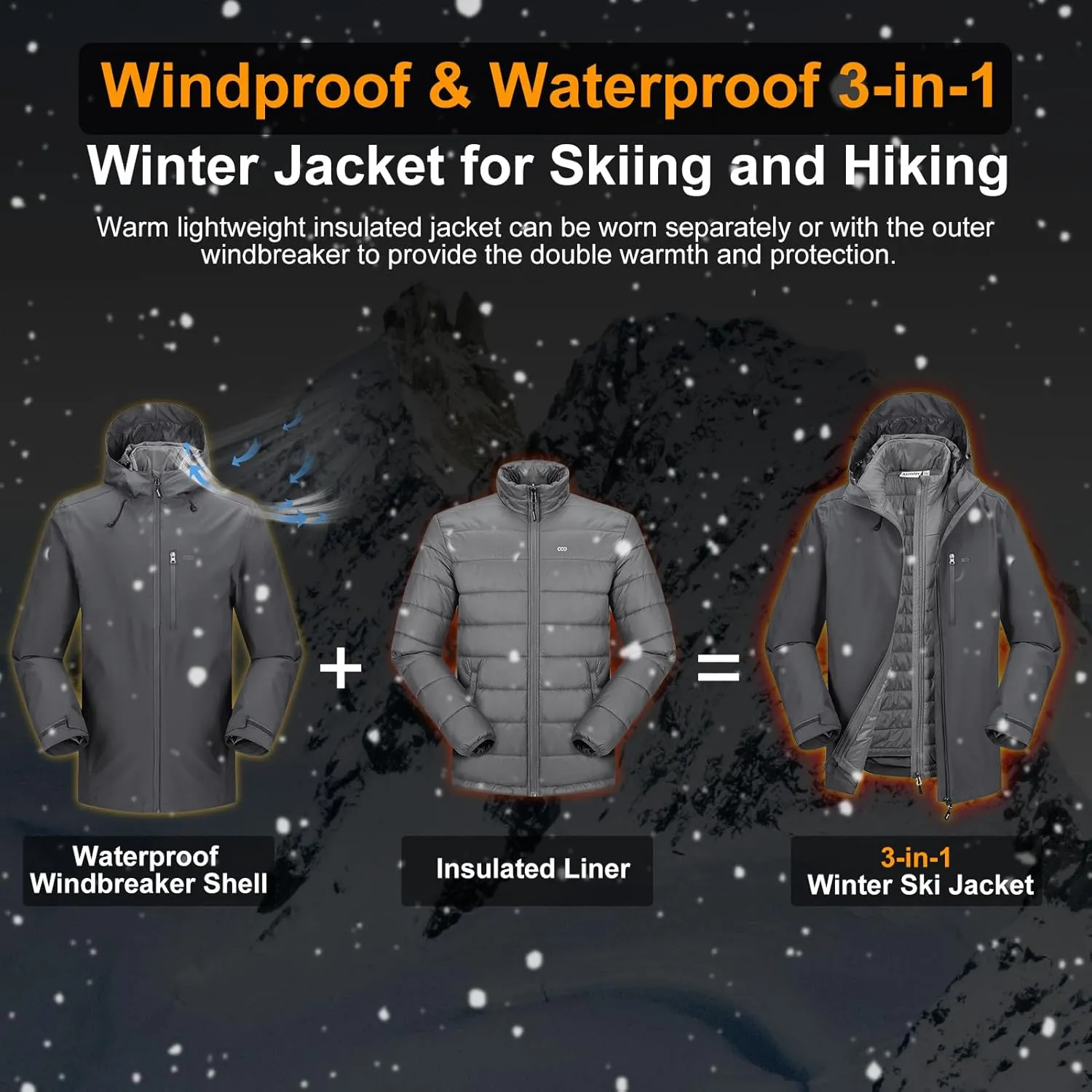 33,000ft Men's Waterproof 3-in-1 Ski Jacket, Warm Mountain Windbreaker Snow Rain Jackets Winter Coat with Puffer Jacket