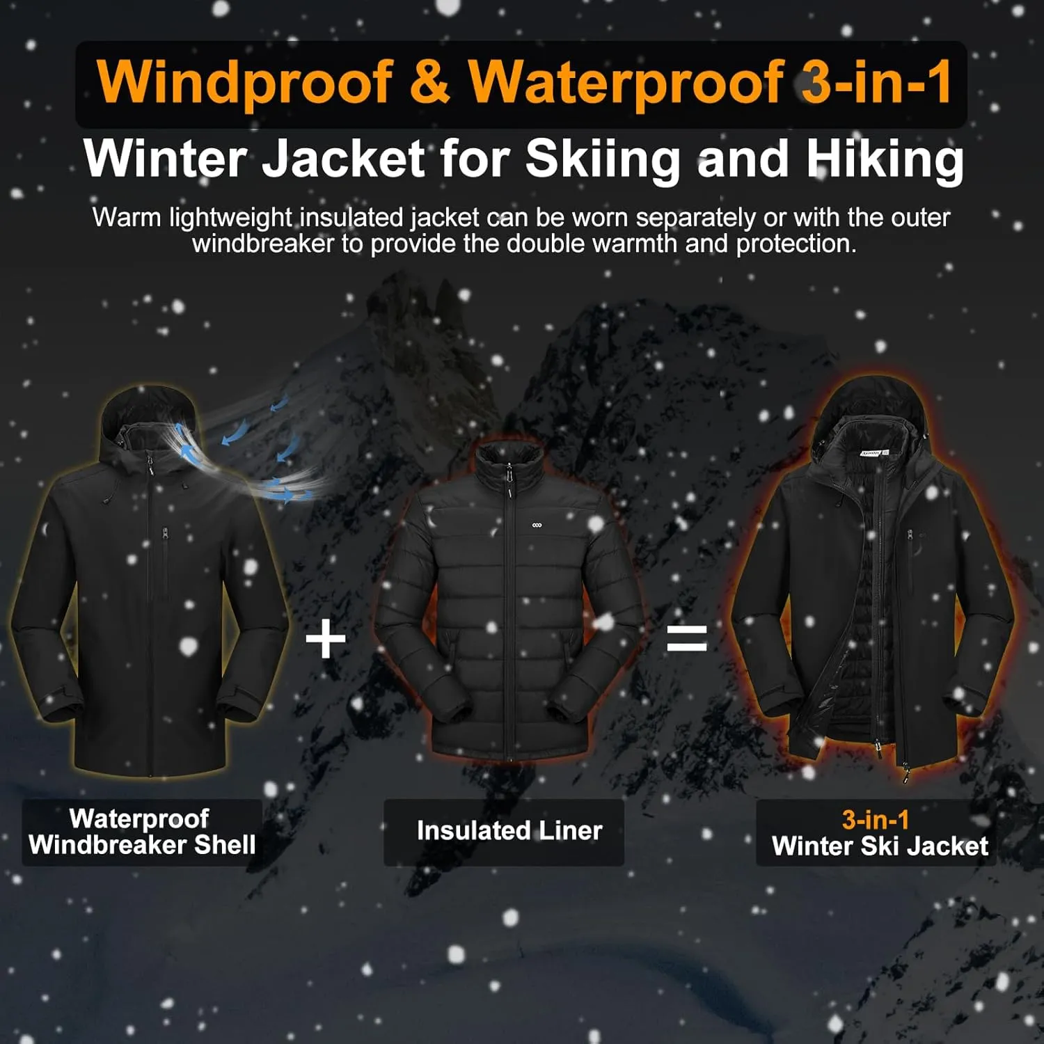 33,000ft Men's Waterproof 3-in-1 Ski Jacket, Warm Mountain Windbreaker Snow Rain Jackets Winter Coat with Puffer Jacket