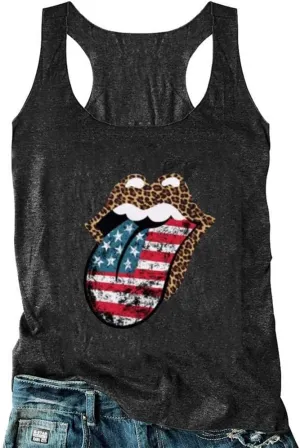 4th of July Tank Women American Flag Lips Funny Graphic Casual Sleeveless Tee Top
