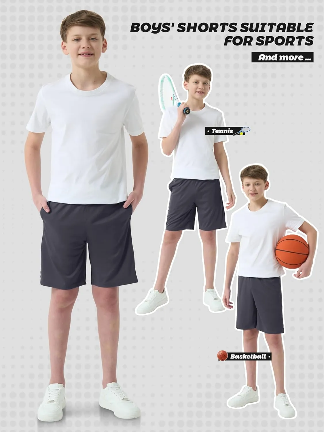 5-Pack Boys Athletic Shorts with Pockets, Dry-Fit Basketball Soccer Shorts for Youth & Kids Outdoor