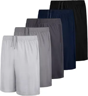5-Pack Boys Athletic Shorts with Pockets, Dry-Fit Basketball Soccer Shorts for Youth & Kids Outdoor
