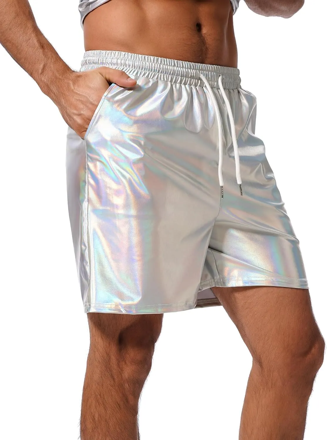 ABAFIP Men's Shiny Metallic Shorts Drawstring Sparkly Dance Hot Pants Disco Rave Party Outfit with Pockets