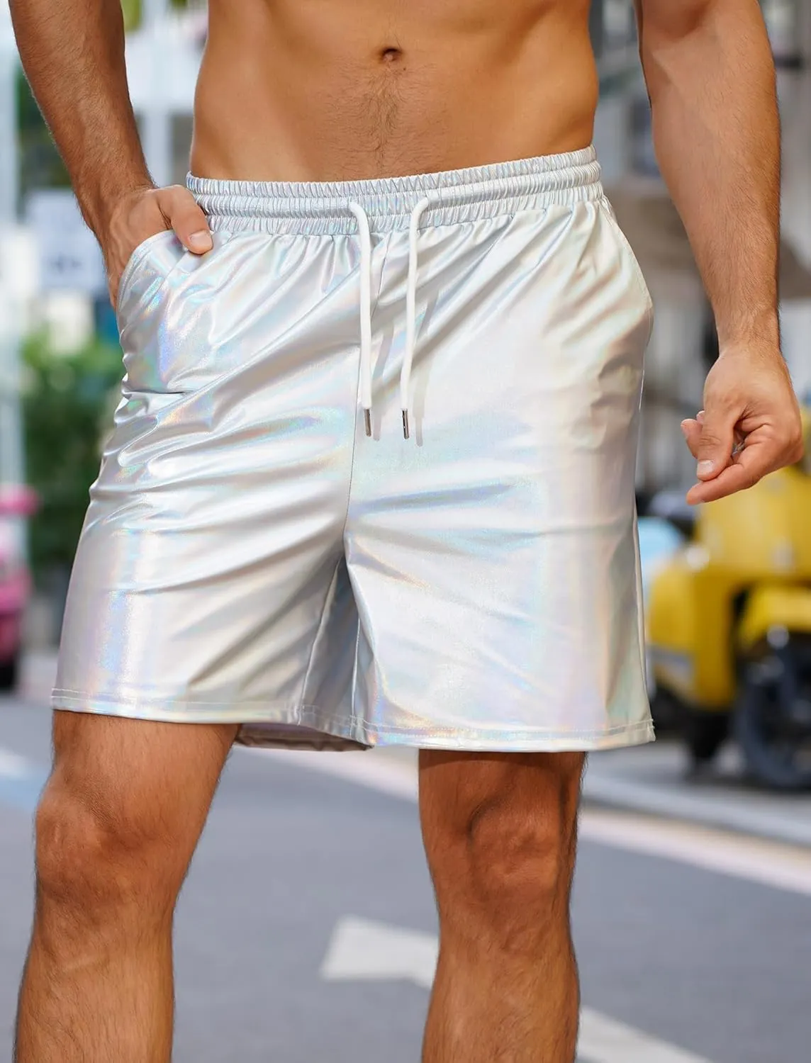 ABAFIP Men's Shiny Metallic Shorts Drawstring Sparkly Dance Hot Pants Disco Rave Party Outfit with Pockets