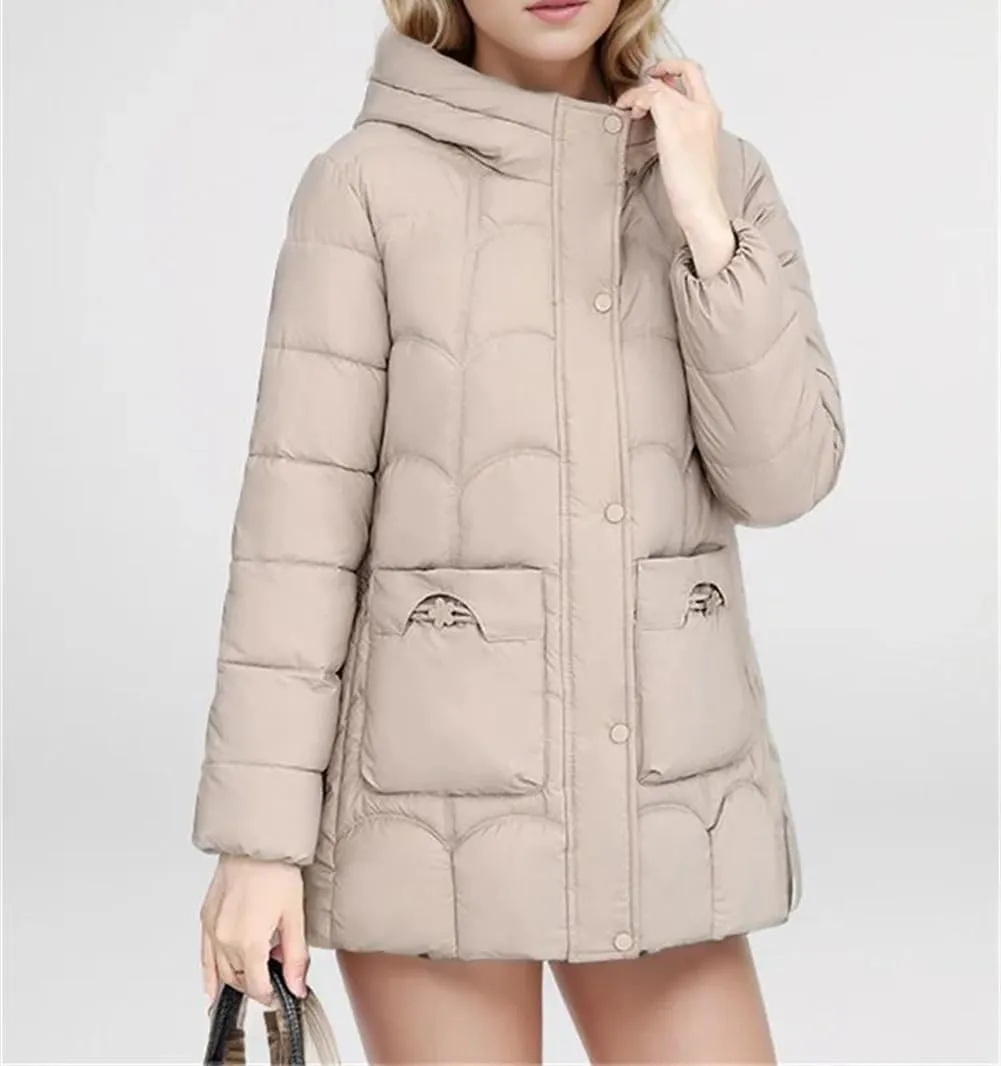 Adhdyuud Women's Down Cotton Warm Coats Winter Midi Length Hooded Lightweight Padded Jacket
