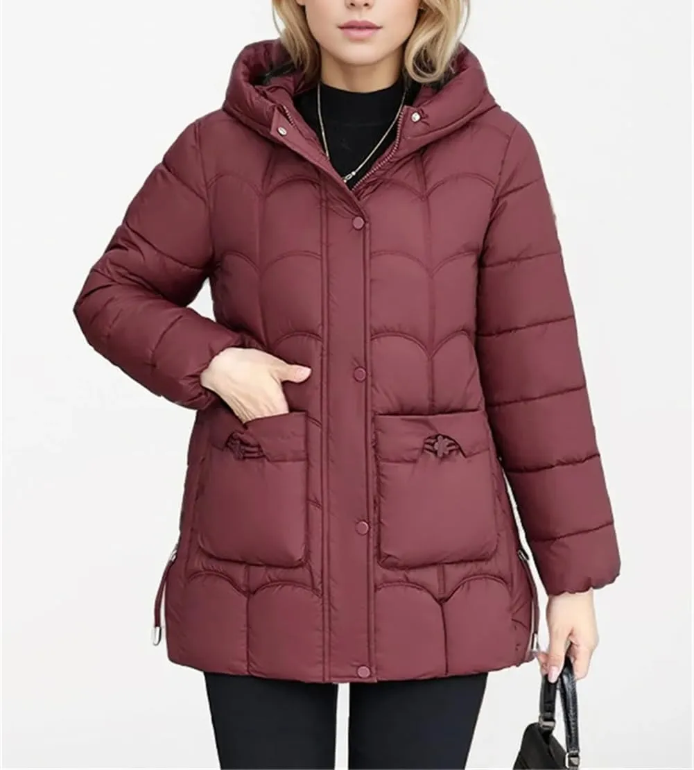 Adhdyuud Women's Down Cotton Warm Coats Winter Midi Length Hooded Lightweight Padded Jacket