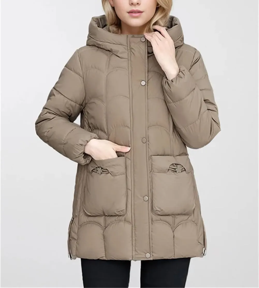 Adhdyuud Women's Down Cotton Warm Coats Winter Midi Length Hooded Lightweight Padded Jacket