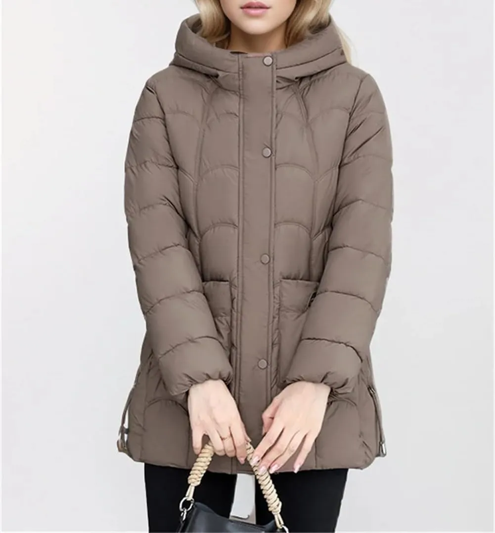 Adhdyuud Women's Down Cotton Warm Coats Winter Midi Length Hooded Lightweight Padded Jacket