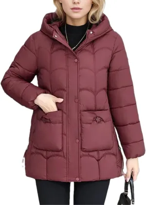 Adhdyuud Women's Down Cotton Warm Coats Winter Midi Length Hooded Lightweight Padded Jacket