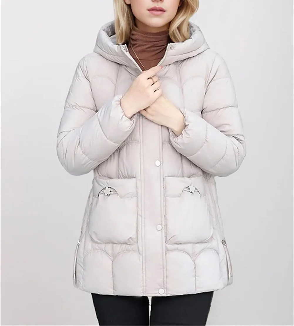 Adhdyuud Women's Down Cotton Warm Coats Winter Midi Length Hooded Lightweight Padded Jacket