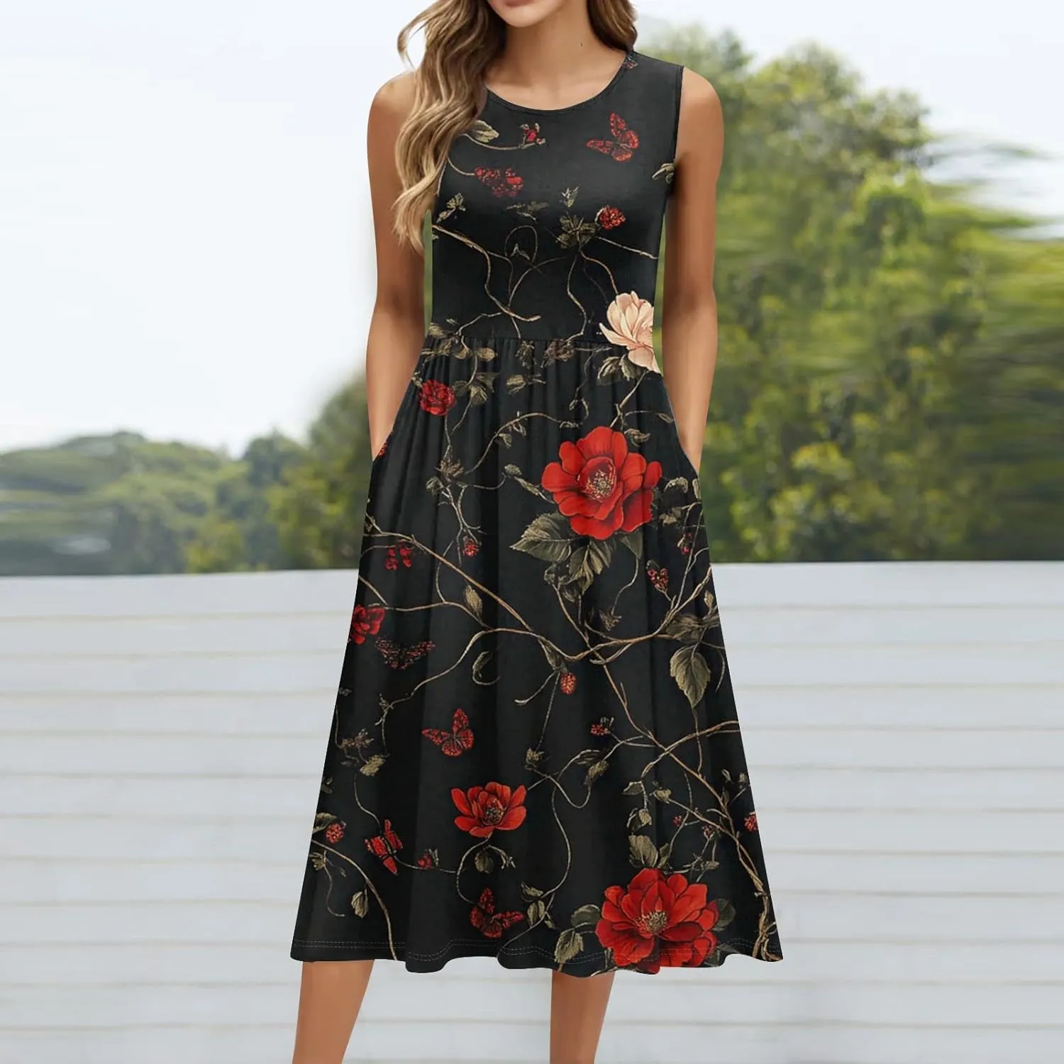 ADHOWBEW Summer Dresses for Women 2025 Plus Size Sleeveless Casual Sexy Round Neck Flowy Vacation Dresses