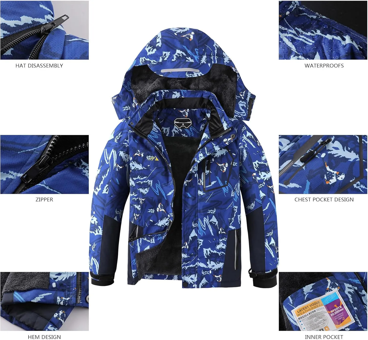 AFILOK Boy's Ski Jacket Waterproof Breathable Kids Fleece Lined Windproof Hooded Snowboard Coats