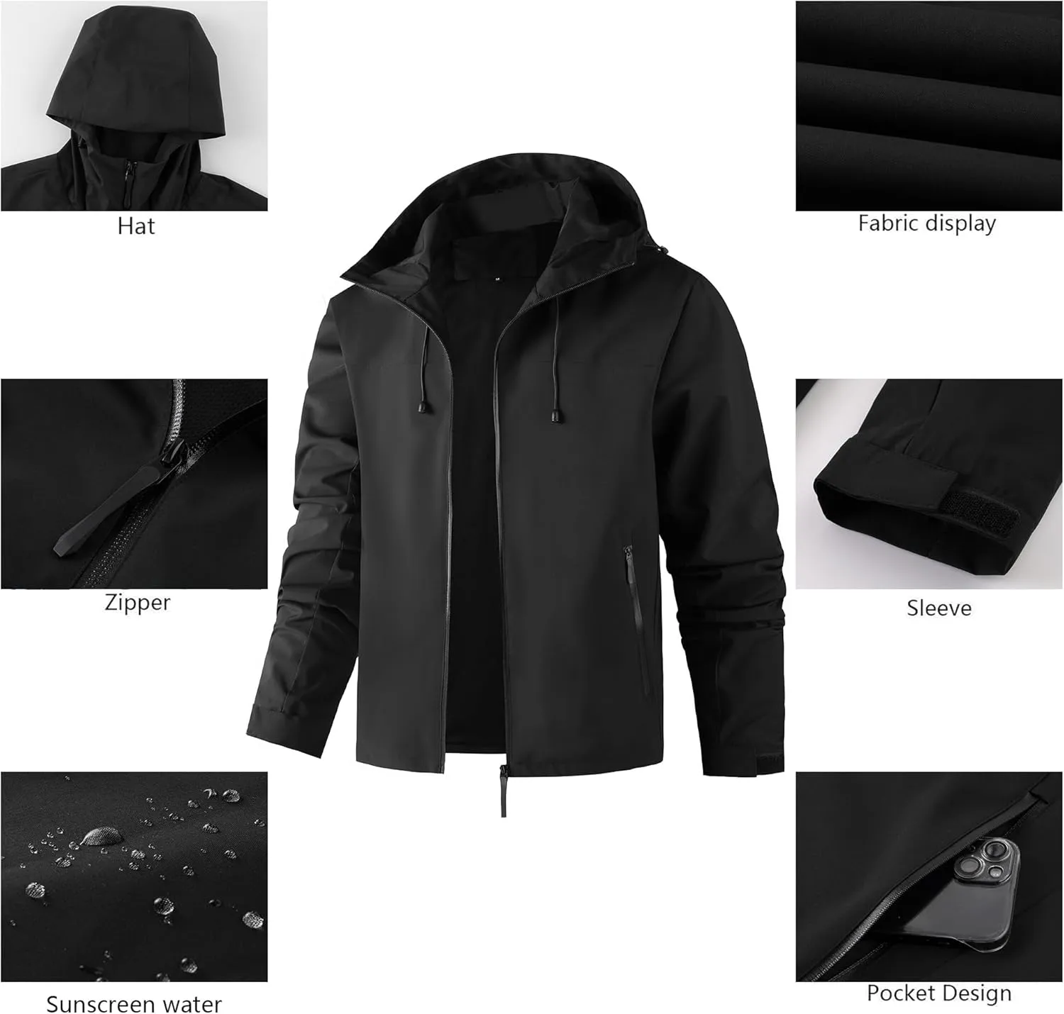 AFILOK Men's lightweight outdoor jacket with water resistant properties and zipped pockets rain jacket block wind