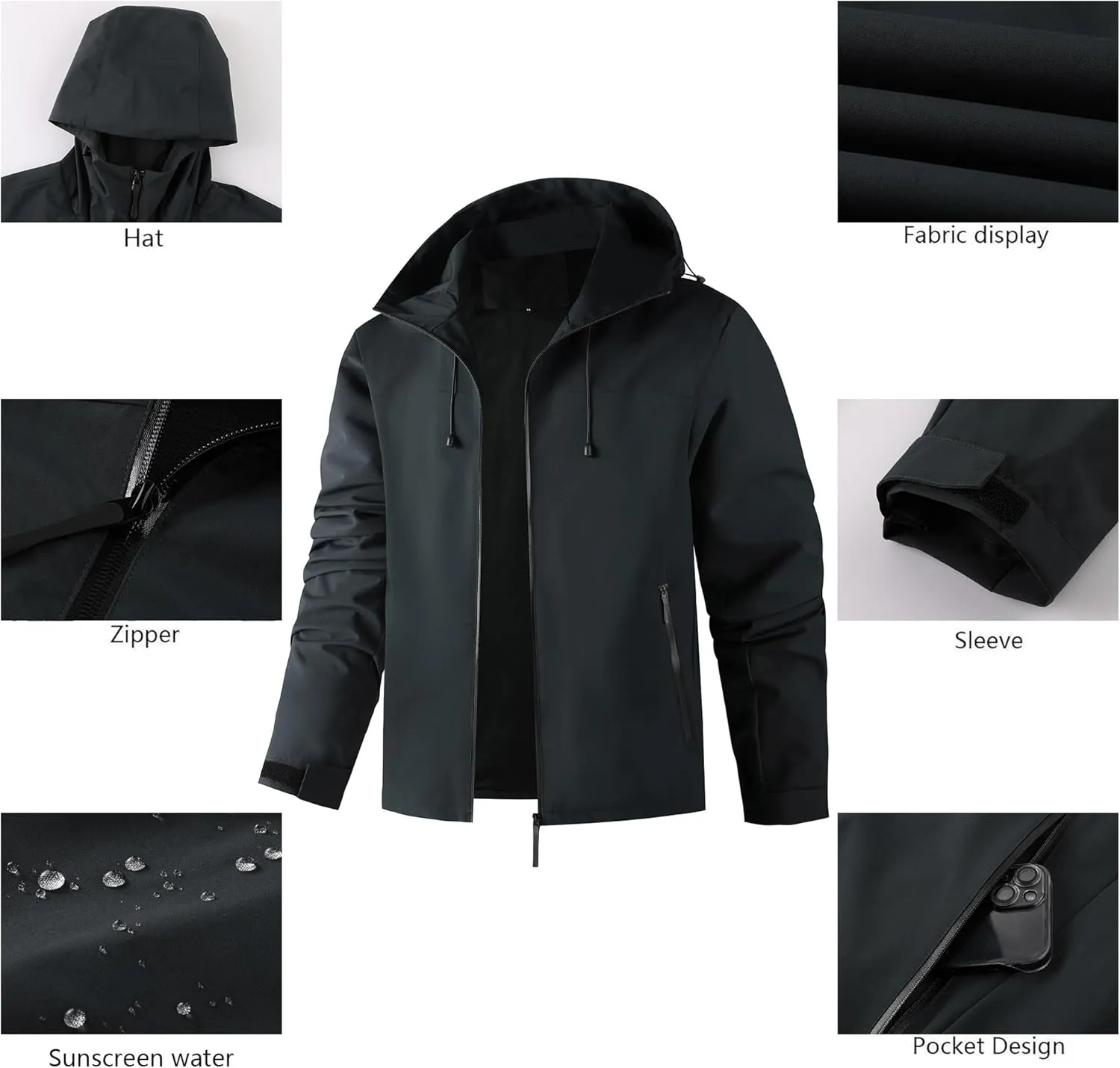 AFILOK Men's lightweight outdoor jacket with water resistant properties and zipped pockets rain jacket block wind