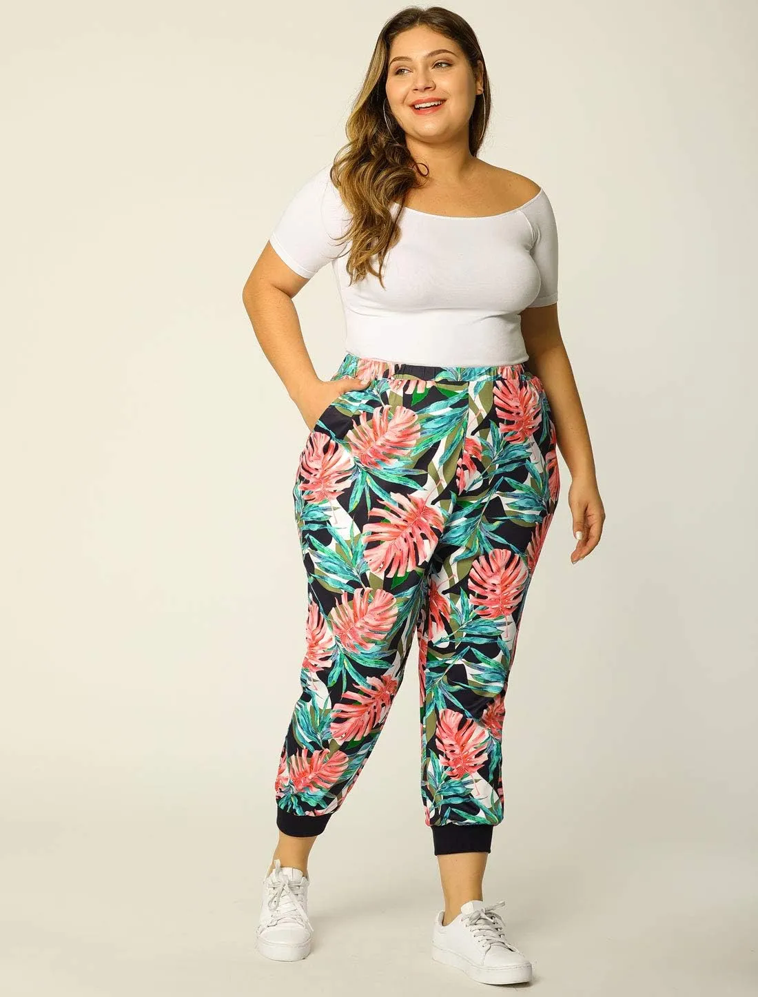 Agnes Orinda Women's Plus Size Sweatpants Elastic Pockets Jogger Tropical Floral Harem Pants 2024