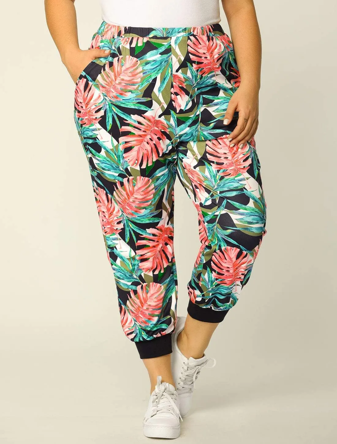 Agnes Orinda Women's Plus Size Sweatpants Elastic Pockets Jogger Tropical Floral Harem Pants 2024