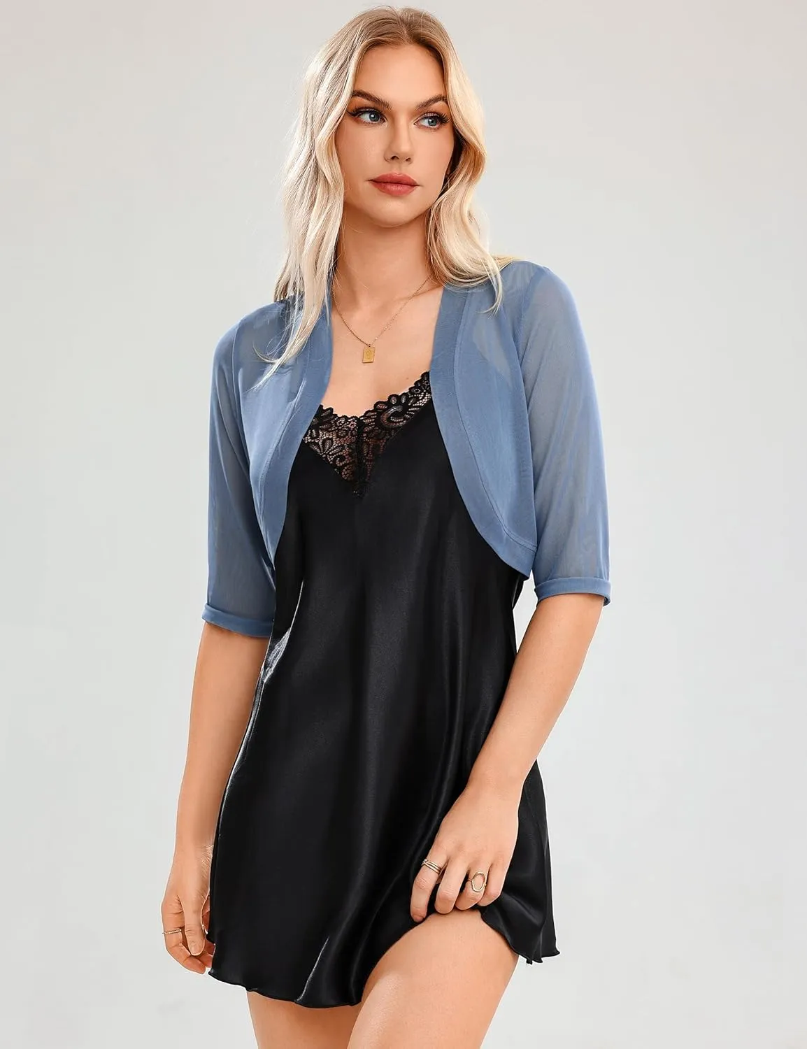 Aiboria Women 3/4 Sleeve Sheer Shrugs Open Front Mesh Bolero Cropped Cardigan S-XXL