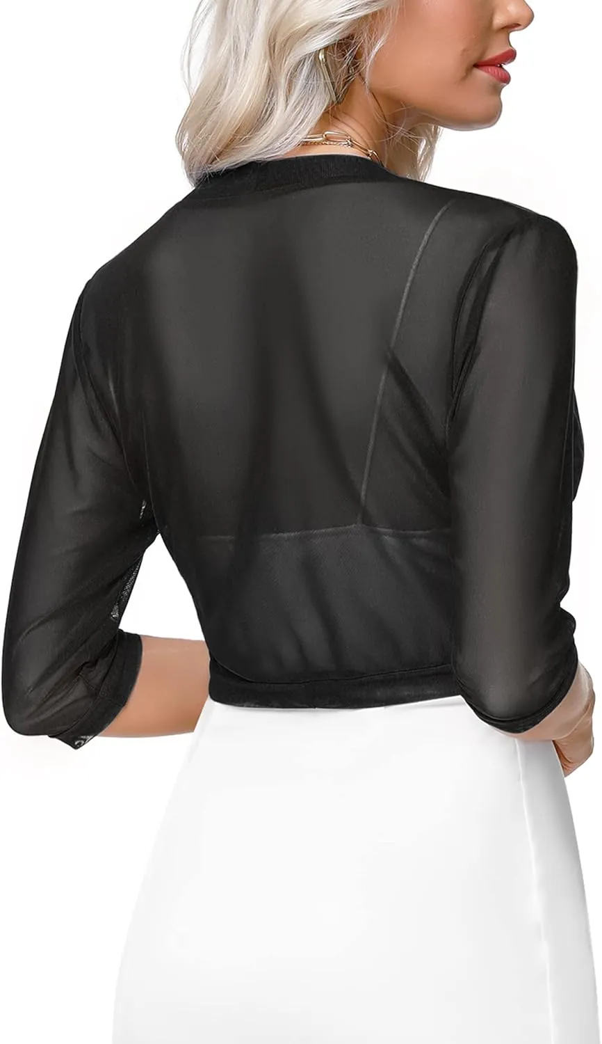 Aiboria Women 3/4 Sleeve Sheer Shrugs Open Front Mesh Bolero Cropped Cardigan S-XXL