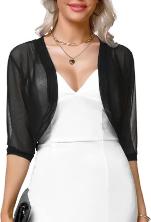 Aiboria Women 3/4 Sleeve Sheer Shrugs Open Front Mesh Bolero Cropped Cardigan S-XXL