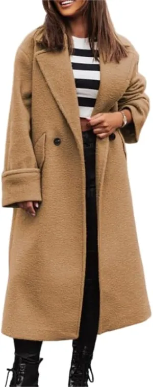 Akivide Women Double Breasted Long Pea Coat Winter Open Front Trench Coat Jacket Plus Size Wool Blend Overcoat with Pocket
