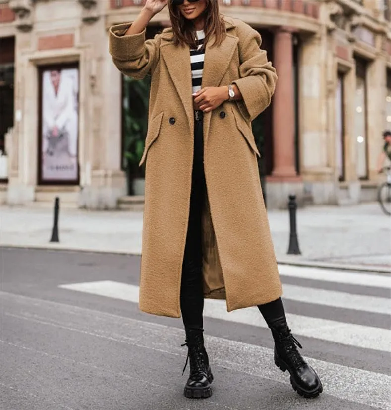 Akivide Women Double Breasted Long Pea Coat Winter Open Front Trench Coat Jacket Plus Size Wool Blend Overcoat with Pocket
