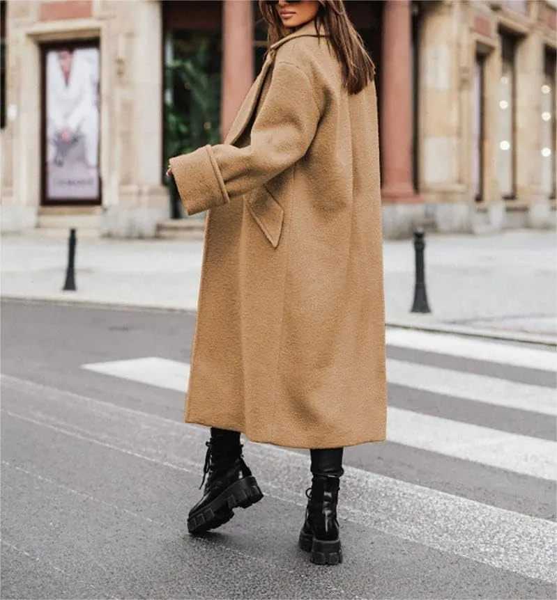 Akivide Women Double Breasted Long Pea Coat Winter Open Front Trench Coat Jacket Plus Size Wool Blend Overcoat with Pocket