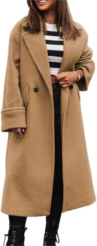 Akivide Women Double Breasted Long Pea Coat Winter Open Front Trench Coat Jacket Plus Size Wool Blend Overcoat with Pocket