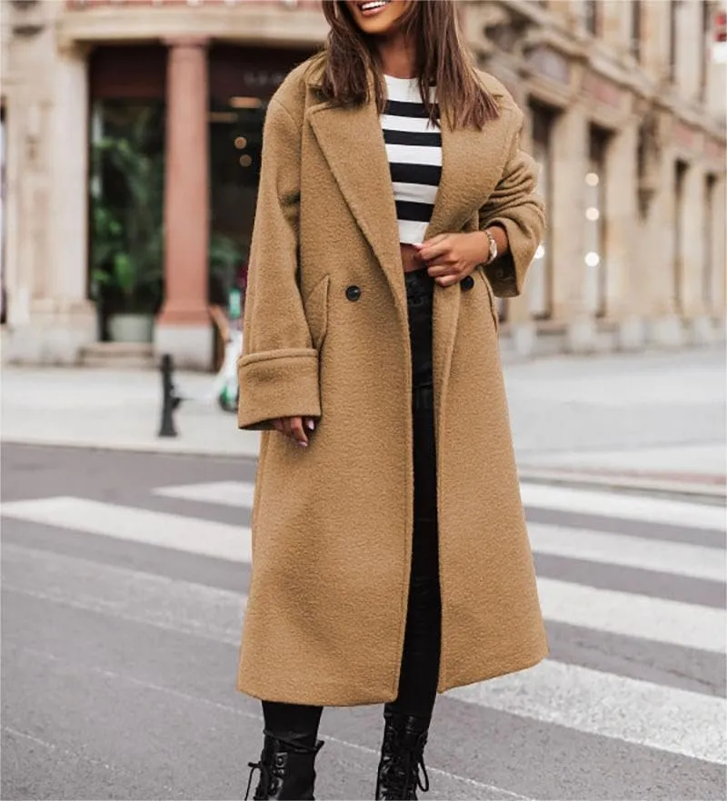 Akivide Women Double Breasted Long Pea Coat Winter Open Front Trench Coat Jacket Plus Size Wool Blend Overcoat with Pocket