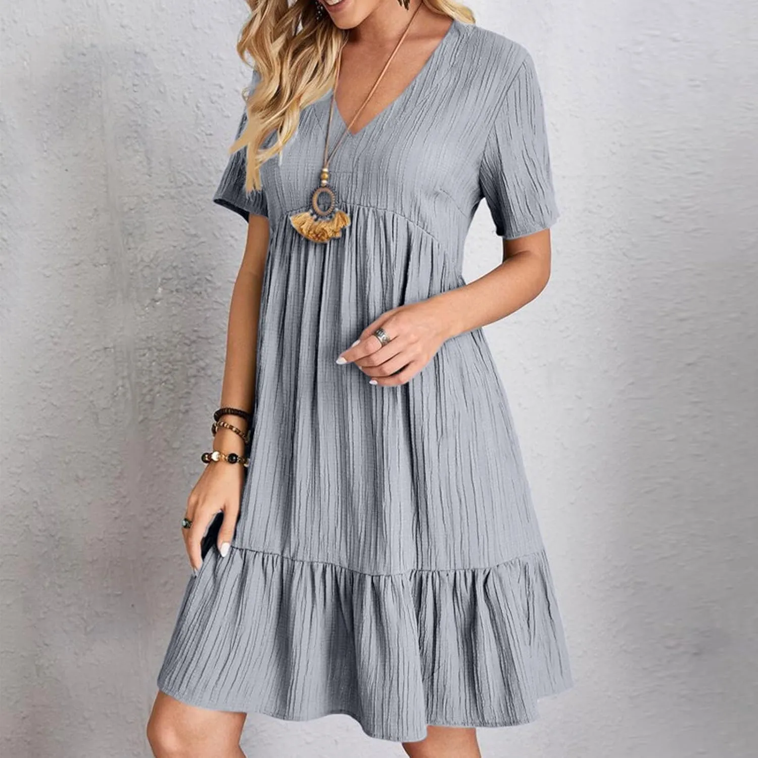 Akklian Summer Dresses for Women 2025 Ruffle Casual V Neck Mini Dress Short Sleeve A-Line Flowy Swing Beach Dress Sundress