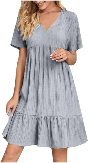Akklian Summer Dresses for Women 2025 Ruffle Casual V Neck Mini Dress Short Sleeve A-Line Flowy Swing Beach Dress Sundress