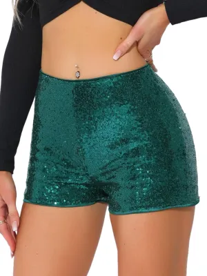 Allegra K Sequin Shorts for Women's Midrise Solid Zipper Elastic Waist Sparkle Cocktail Night Out Shorts