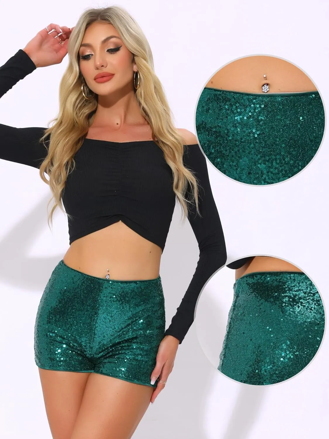 Allegra K Sequin Shorts for Women's Midrise Solid Zipper Elastic Waist Sparkle Cocktail Night Out Shorts
