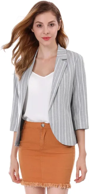 Allegra K Women's Striped Open Front Work Office 3/4 Sleeves Casual Notched Lapel Blazer