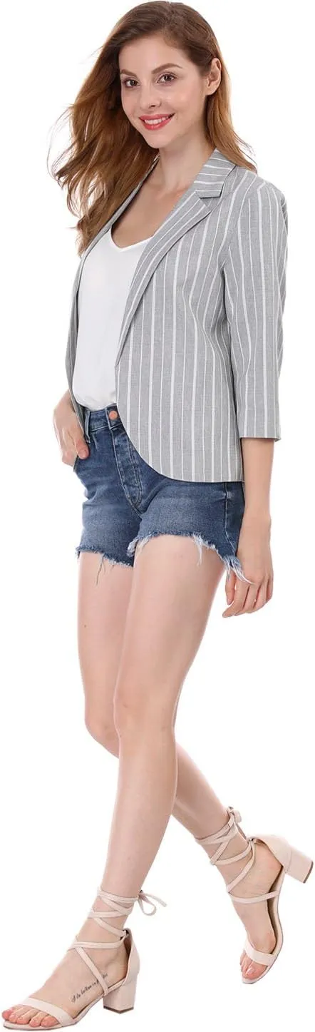 Allegra K Women's Striped Open Front Work Office 3/4 Sleeves Casual Notched Lapel Blazer
