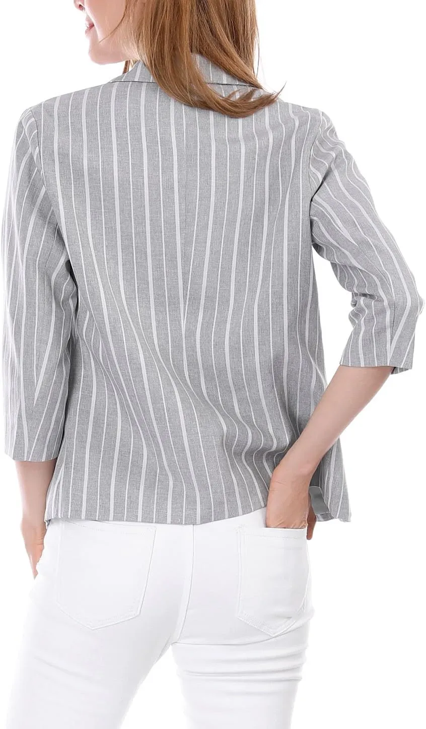 Allegra K Women's Striped Open Front Work Office 3/4 Sleeves Casual Notched Lapel Blazer