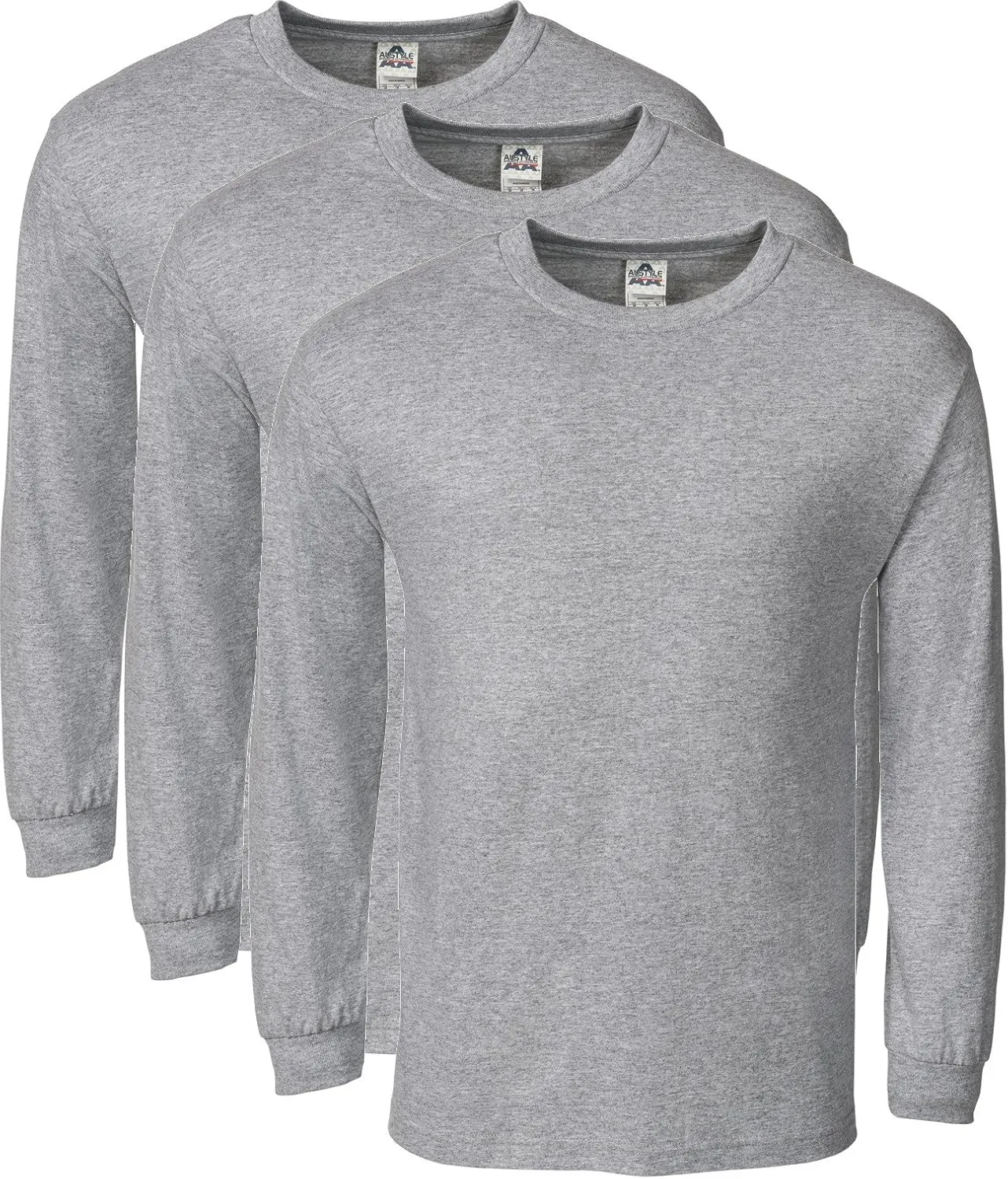 Alstyle Men's Classic Cotton Crew Neck Long Sleeve Plain T-Shirt 3-Pack-Assorted