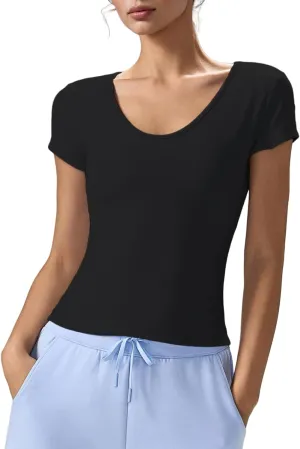 altiland Scoop Neck Workout T Shirt for Woman, Ultra-Soft Quick Dry Athletic Tee Yoga Running Cropped Short Sleeve Tops